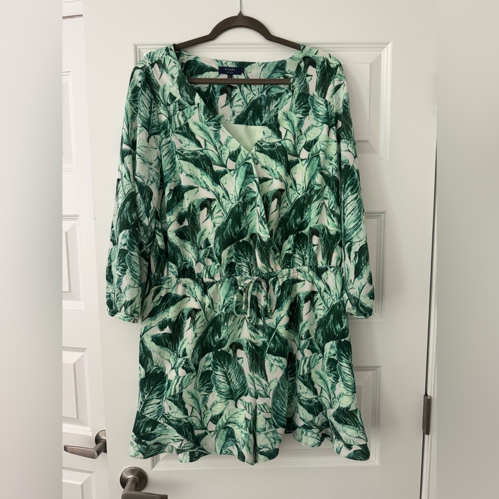 Kaari Blue Green and White Jumpsuit with Tropical Palm Leaf Design